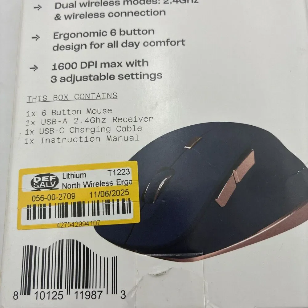 North Wireless Ergonomic 6 Button Mouse Rechargeable 2.4ghz & Wireless